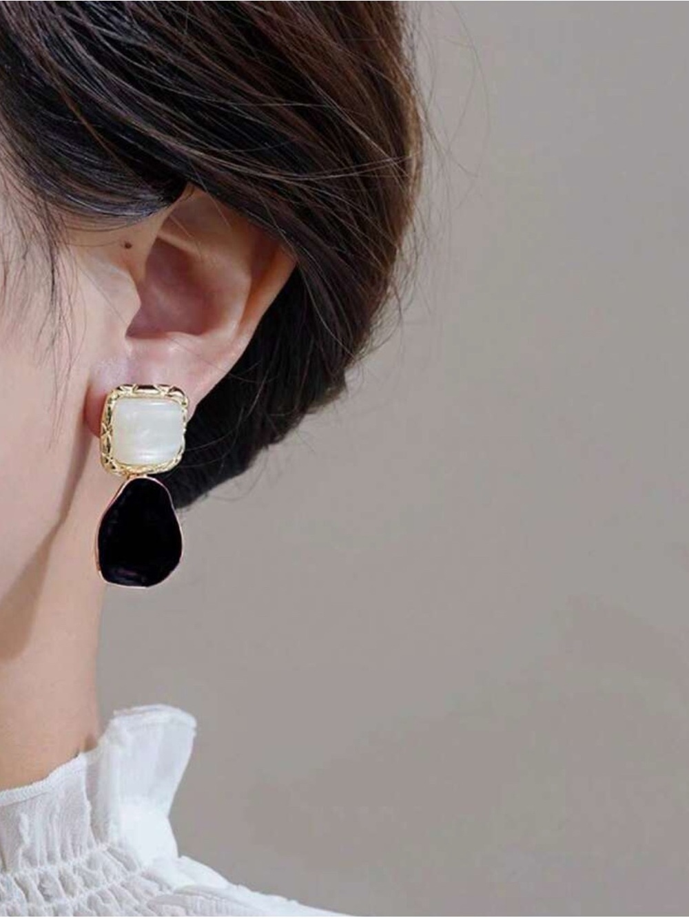 Gold-Trim Cream Square and Black Drop Earrings